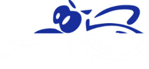 Blau-weiße Grafik einer stilisierten Fliege